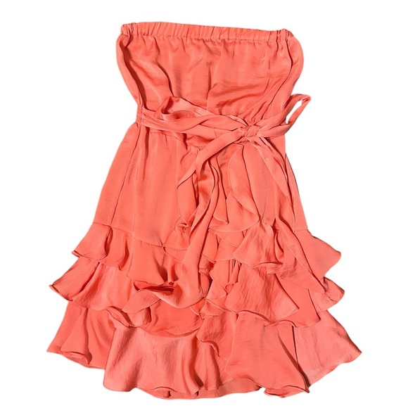 Rebecca Taylor Cha Cha Ruffle Tiered Strapless Sash Tie Coral Satin Dress 4 - Picture 1 of 6